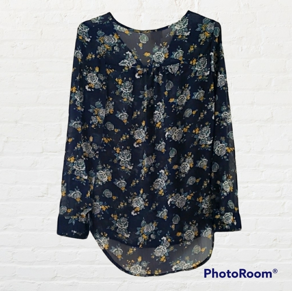 MOSSIMO Supply Co. Long sleeve sheer V-neck Floral Print long hi-low Top Tunic